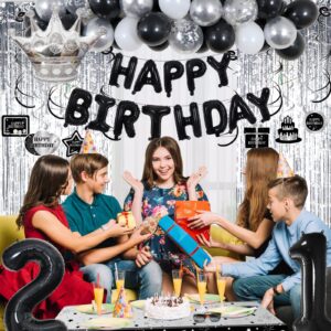 Black and Silver 21st Birthday Decorations for Him Her, Black and White 21 Birthday Party Decorations for Men Boys, Black Silver Happy 21st Birthday Banner Balloons Fringe Curtains Table Cloths Women