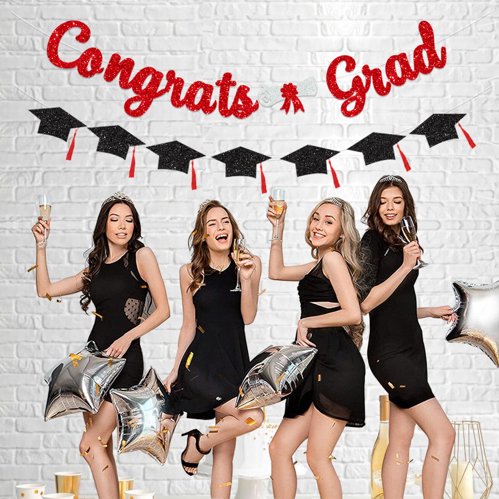 Glitter Red Congrats Grad Decorations Banner Graduation Decorations Class of 2024 banner Red and Black Glitter Congrats Grad Graduation with Tassel Party Decor College High School Graduation Party Favors