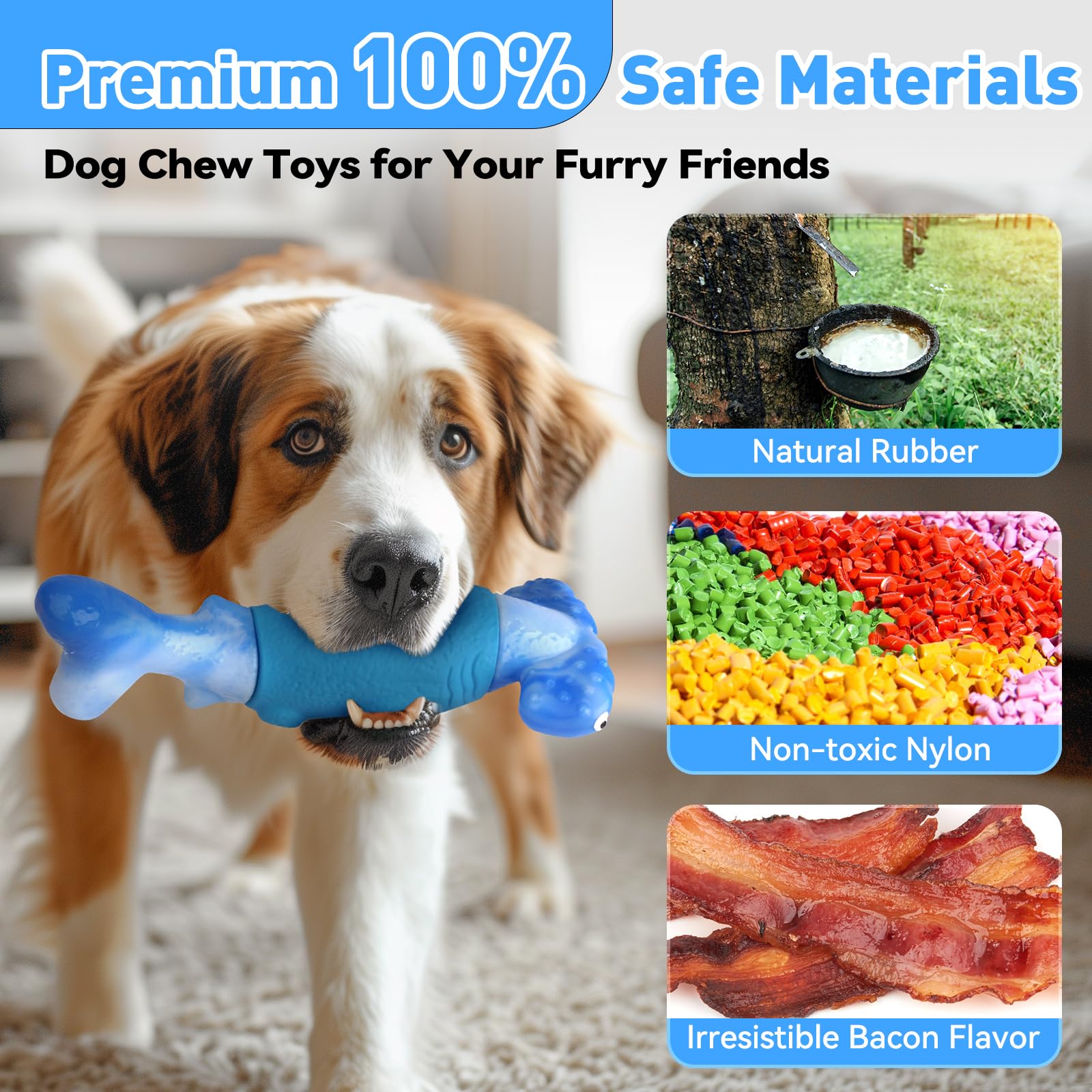 BIKIISEN Dog Toys for Aggressive Chewers, Interactive Dog Chew Toys for Large Dogs, Indestructible Squeaky Dog Toys to Keep Them Busy, Tough Dog Toys for Medium/Large Breed Dogs Blue