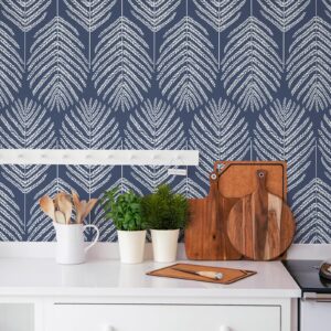 Fititem Blue Wallpaper Peel and Stick Wallpaper 393”×17.3” Coastal Modern Boho Contact Paper for Cabinet Dark Blue Leaf Wallpaper for Bedroom Removable Self-Adhesive Waterproof Wallpaper for Bathroom