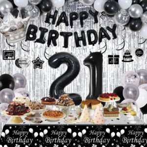 Black and Silver 21st Birthday Decorations for Him Her, Black and White 21 Birthday Party Decorations for Men Boys, Black Silver Happy 21st Birthday Banner Balloons Fringe Curtains Table Cloths Women