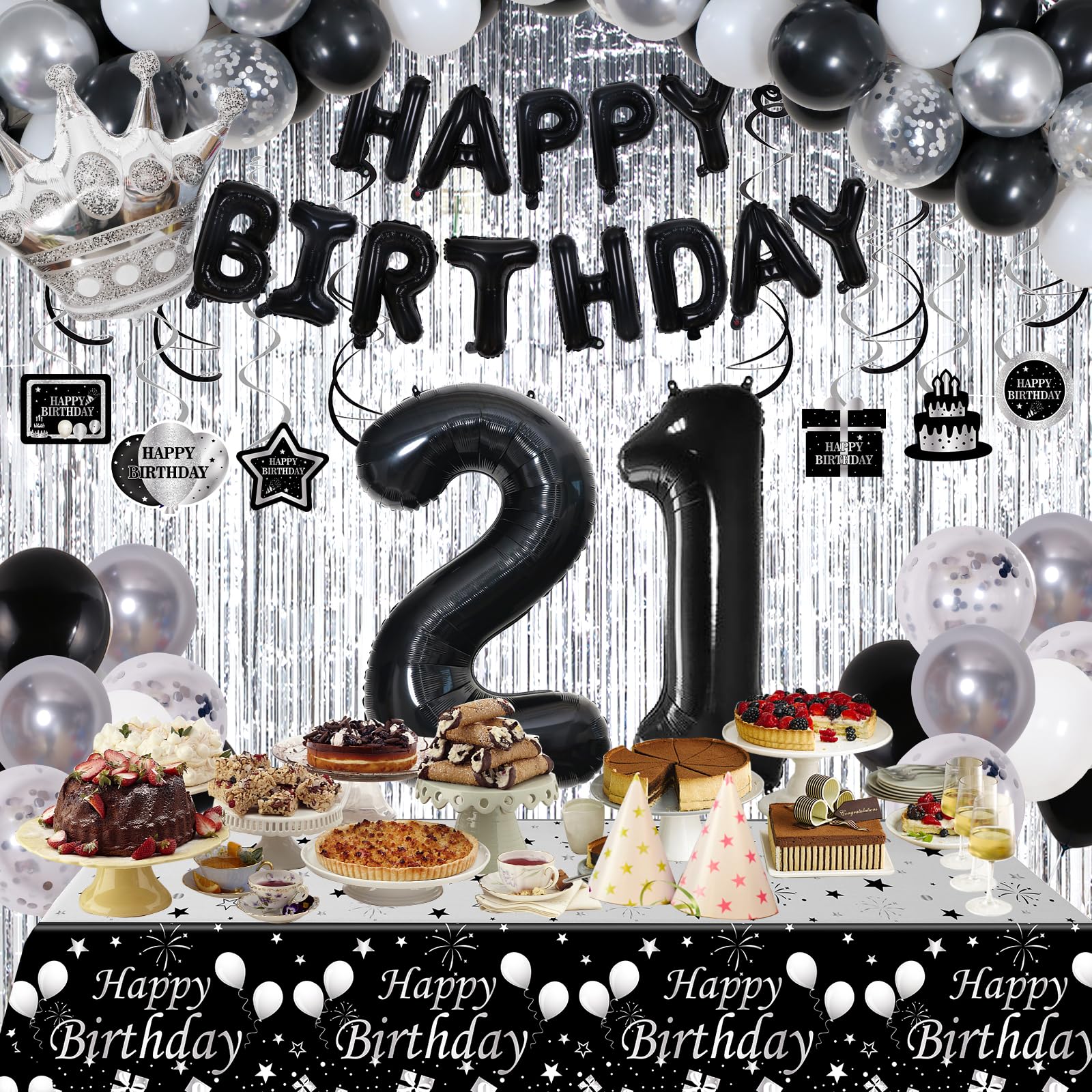 Black and Silver 21st Birthday Decorations for Him Her, Black and White 21 Birthday Party Decorations for Men Boys, Black Silver Happy 21st Birthday Banner Balloons Fringe Curtains Table Cloths Women