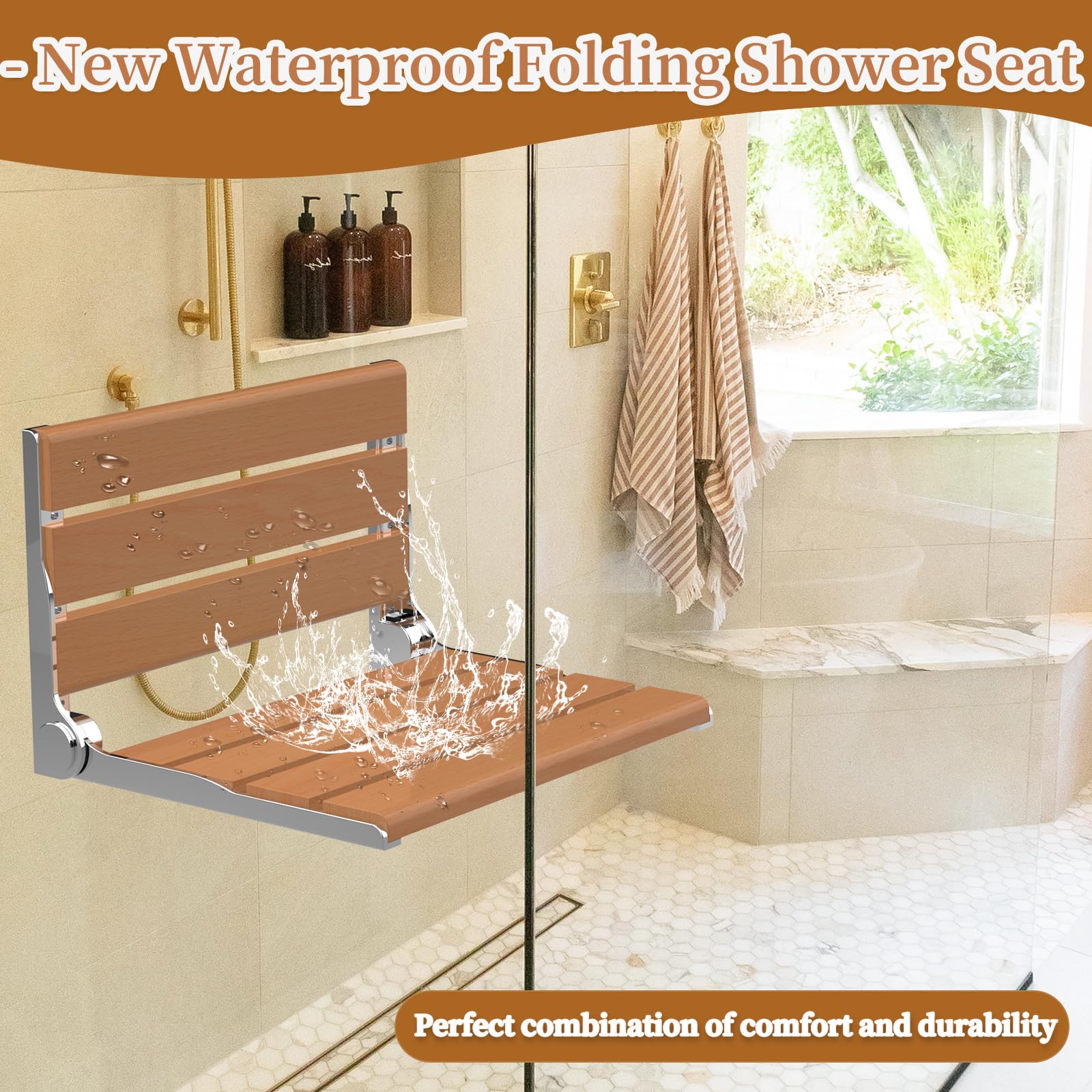 Folding Shower Seat Wall Mounted, Wall Mount Teak Shower Seat for Inside Shower, Home Care Foldable Shower Bench for Small Shower Space, Fold Down Shower Seat