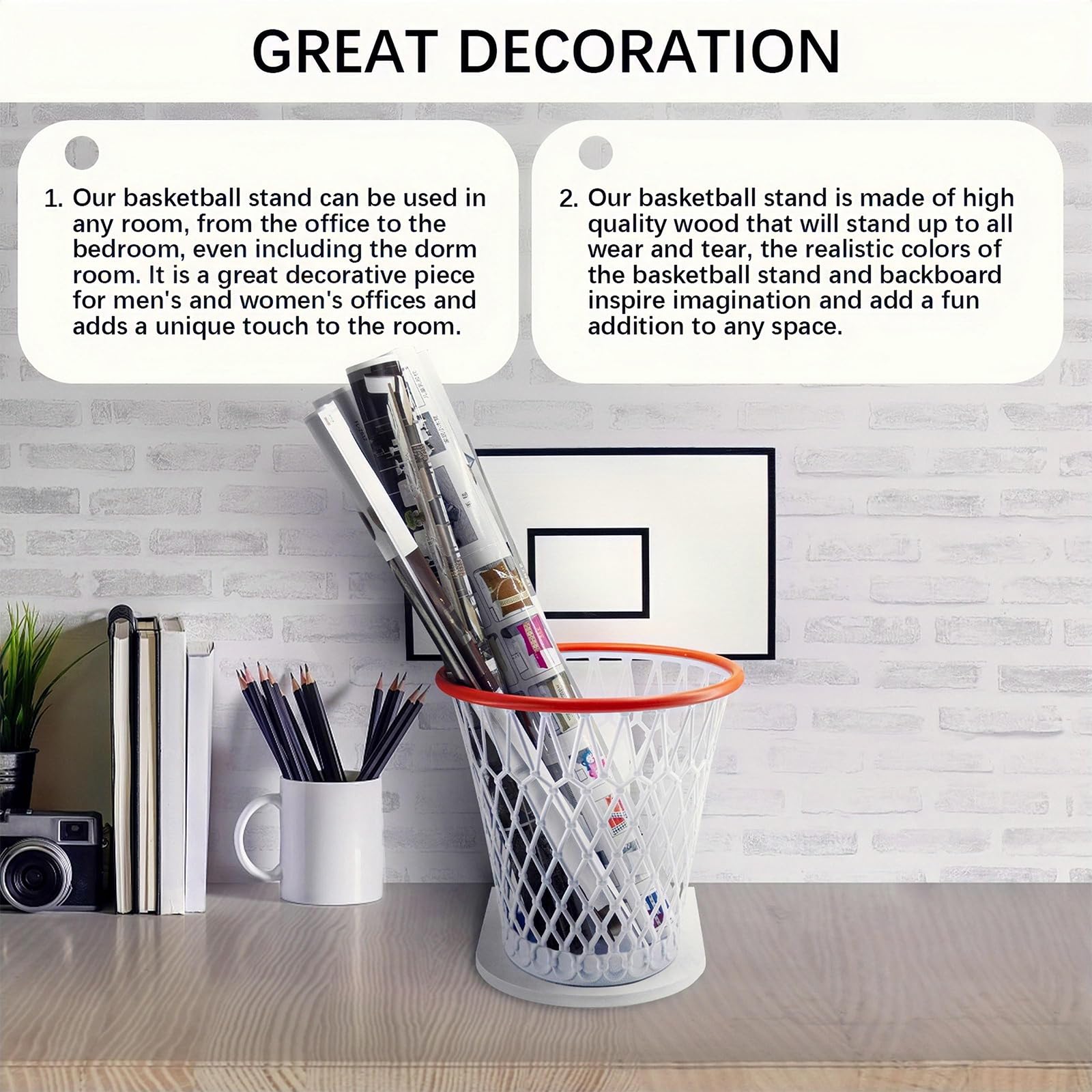 Basketball Trash Can,Trash Can Holder Wastebasket Backboard (Including 1pc Basketball Trash Can),White Wooden Basketball Garbage Can,Trash Can Basketball Hoop for Bedroom Office Kitchen Living Room