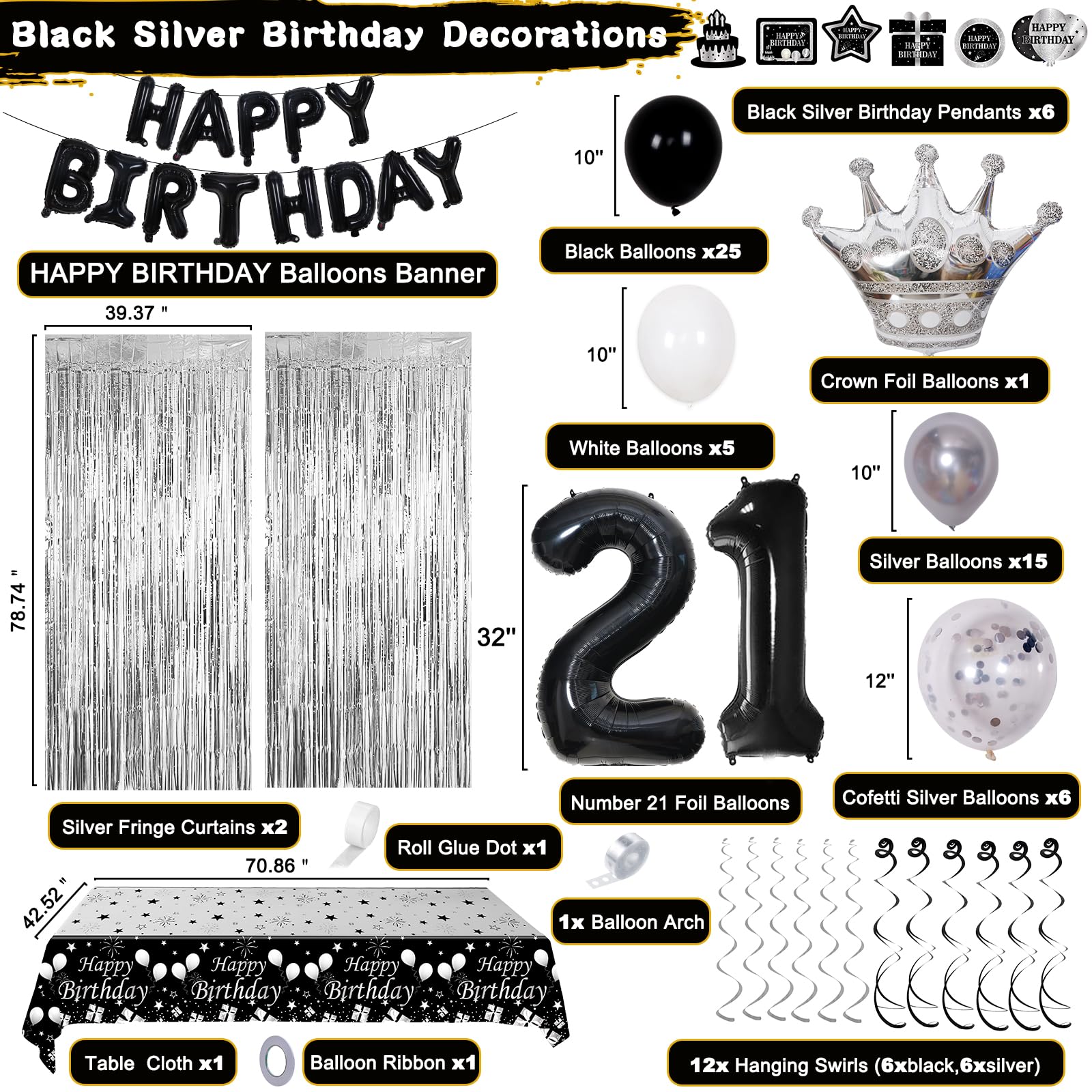 Black and Silver 21st Birthday Decorations for Him Her, Black and White 21 Birthday Party Decorations for Men Boys, Black Silver Happy 21st Birthday Banner Balloons Fringe Curtains Table Cloths Women