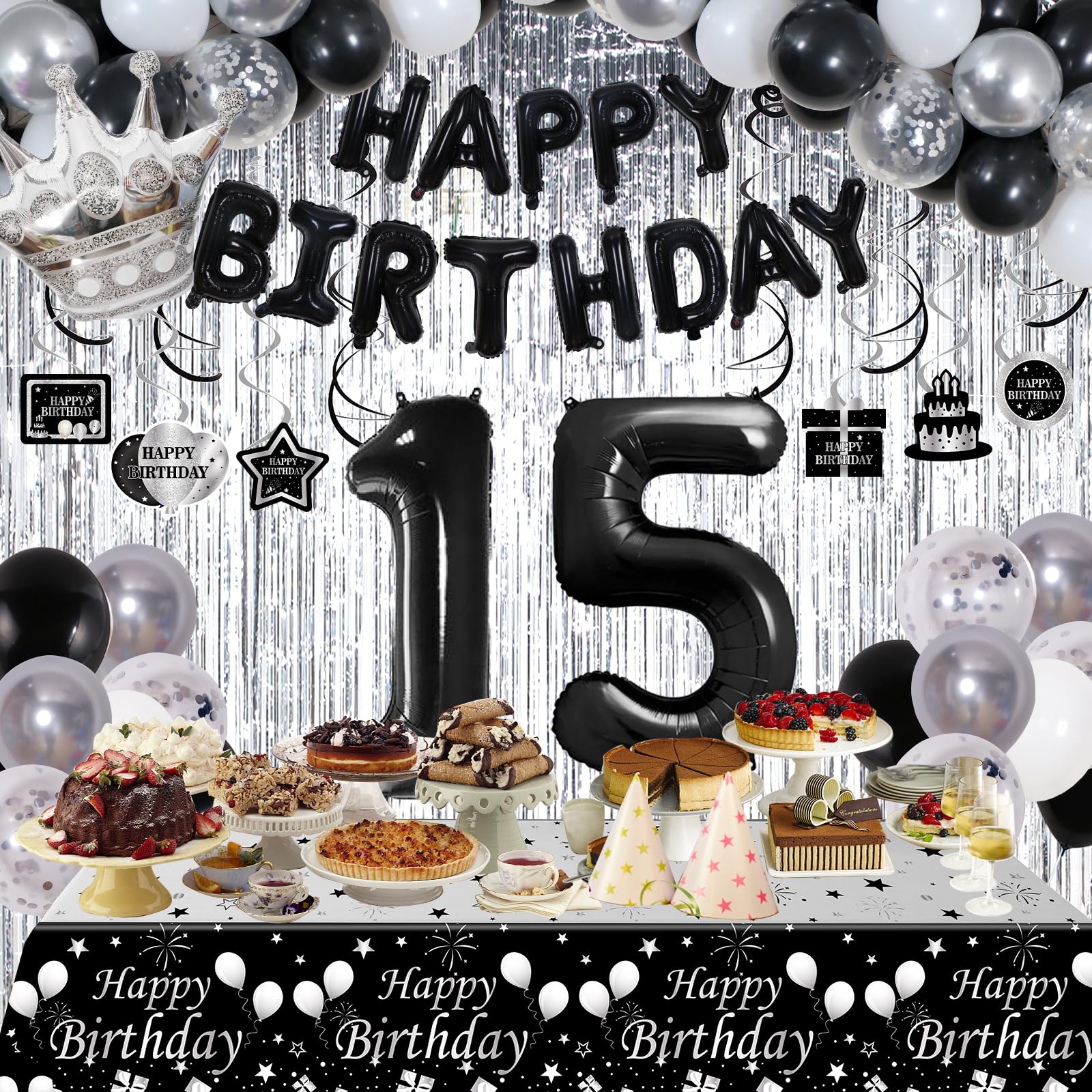 Black and Silver 15th Birthday Decorations for Boys Girls, Black and White 15th Birthday Party Decorations for Boys Girls, Black Silver Happy Birthday Banner Balloons Fringe Curtains Table Cloths