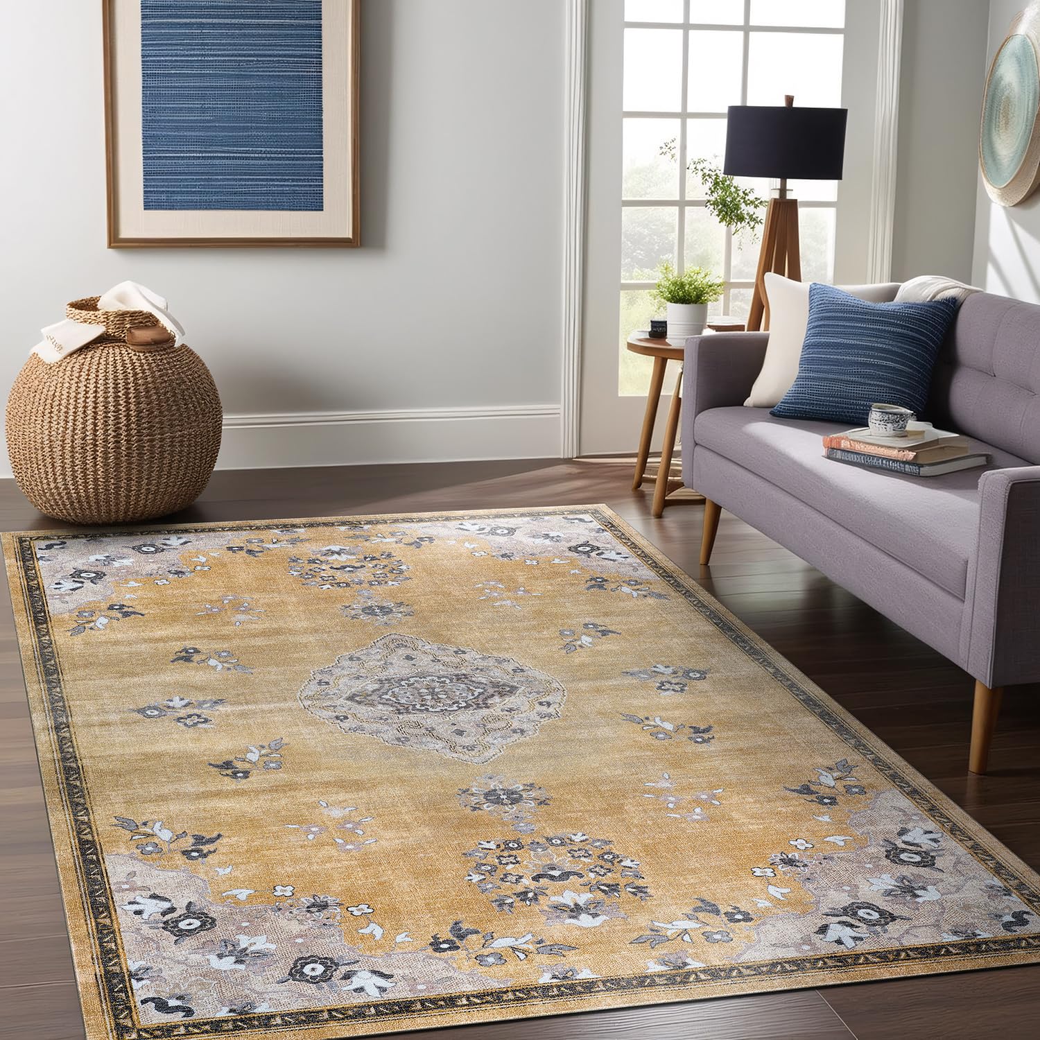 Beverly Rug Non Slip Rugs 8x10 Boho Medallion Floral Non Skid Rubber Backing Easy Silk Soft Area Rug for Living Room Easy to Clean Non Shedding Kitchen Bedroom Indoor Carpet (8 x 10 Yellow - Gray)