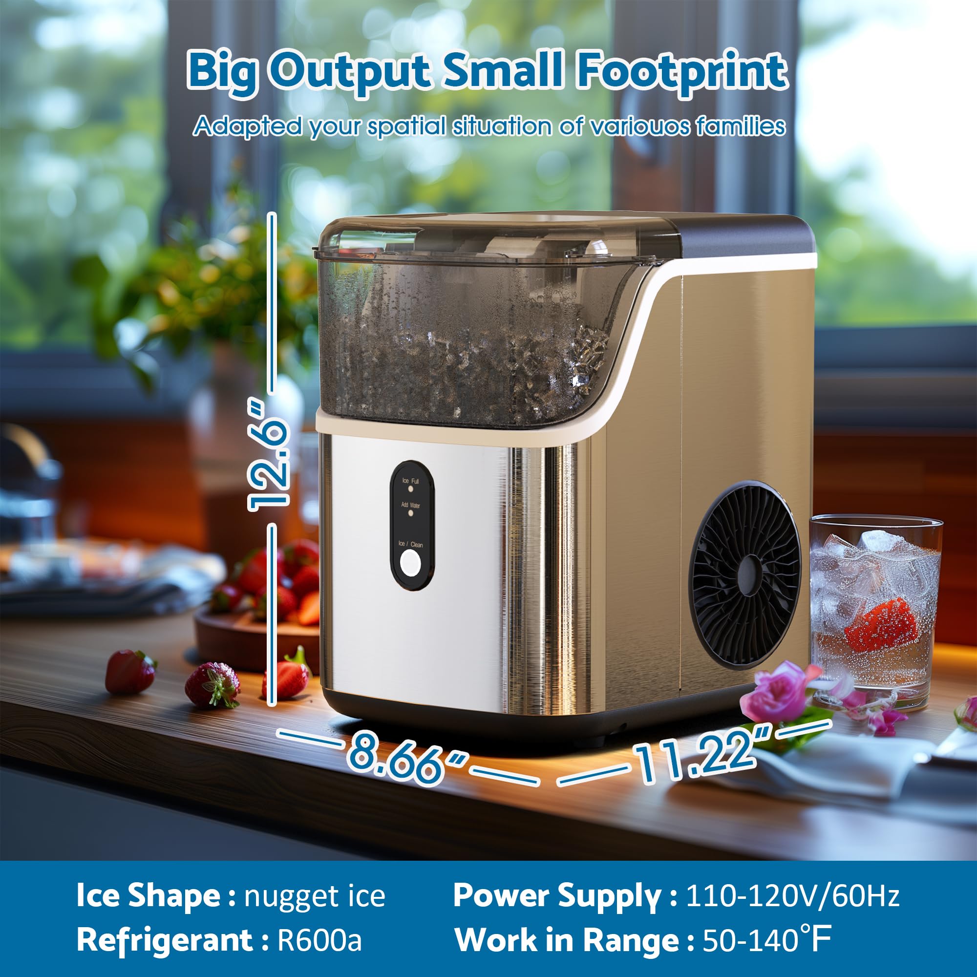 ADVWIN Nugget Countertop Ice Maker, 33Lbs/24H Pebble Ice Machine with Soft Chewable Ice, One-Click Operation, Self-Cleaning, Portable Sonic Ice Maker with Ice Scoop & Removable Basket, Silver