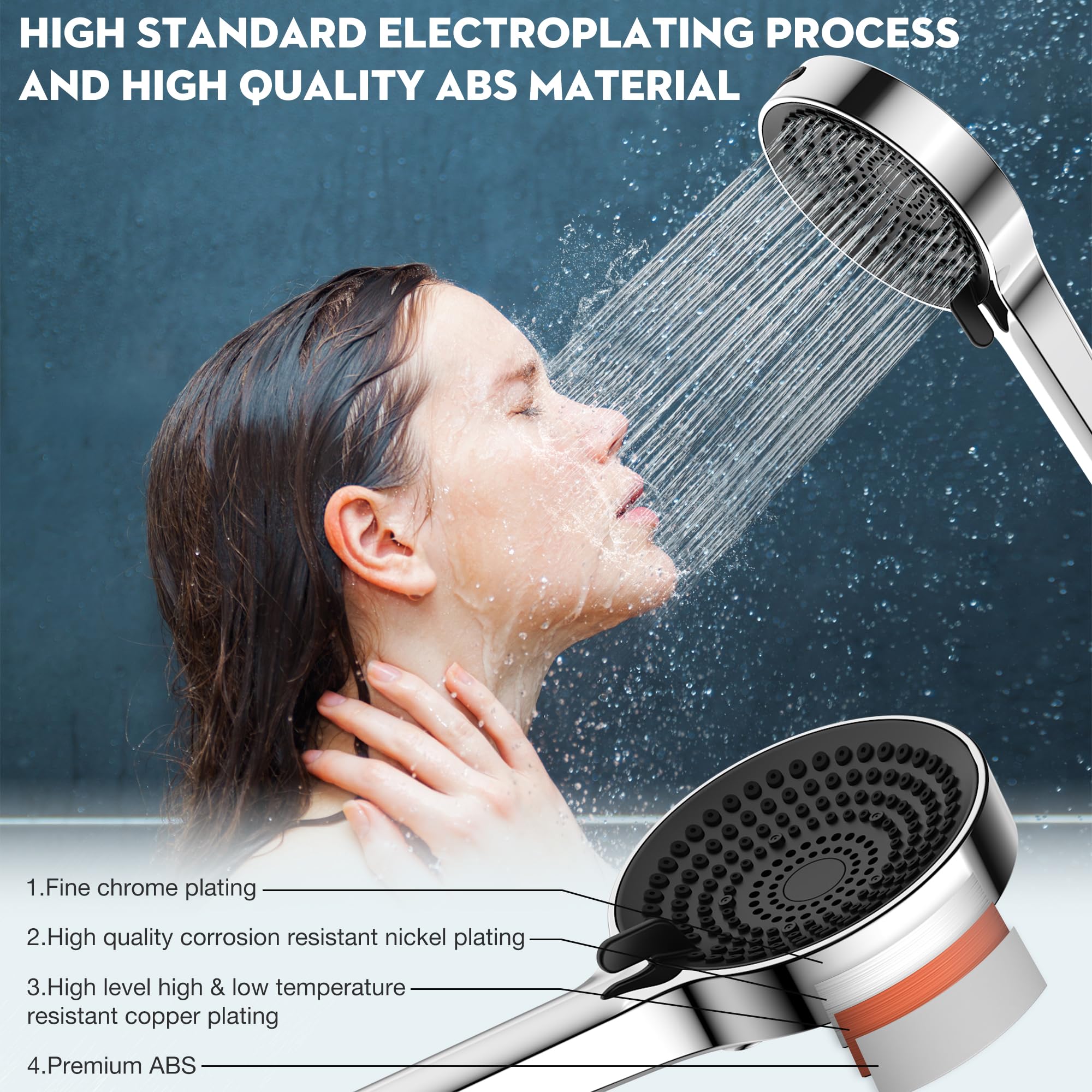 D DUSSAL Handheld Shower Head, High Pressure 7-mode Shower Head, Hand Held Shower Head, 202 Anti-clogging Silicone Nozzles, Built-in Power Wash to Clean Tub, Clean Corner,Tile & Pets - Chrome