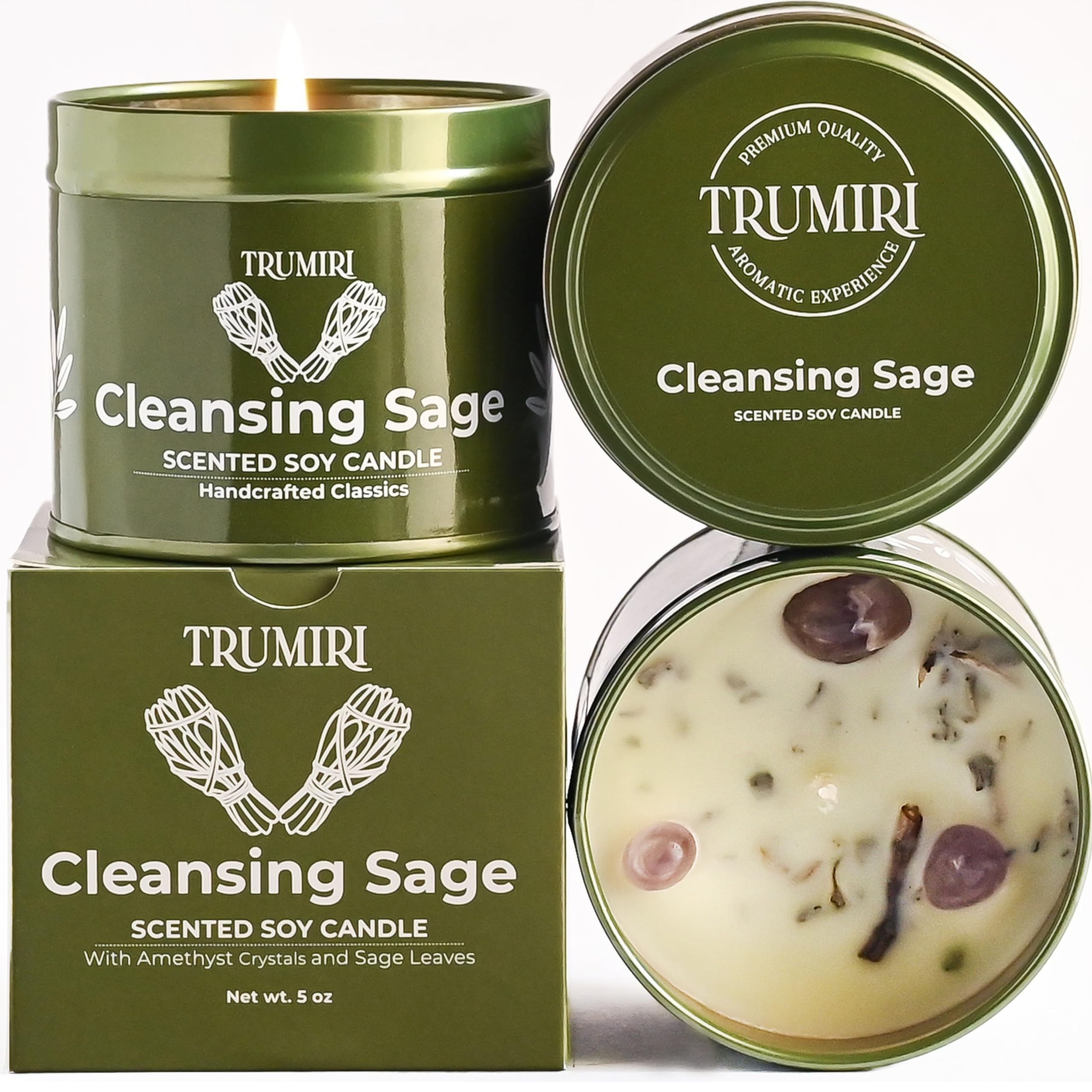 Sage Candle for Cleansing House Negative Energy Smudge Kit - 5oz Soy Wax Natural Clean Organic Non Toxic - Aromatherapy Spiritual Meditation Gifts - Long Lasting Highly Scented Candel with Crystals