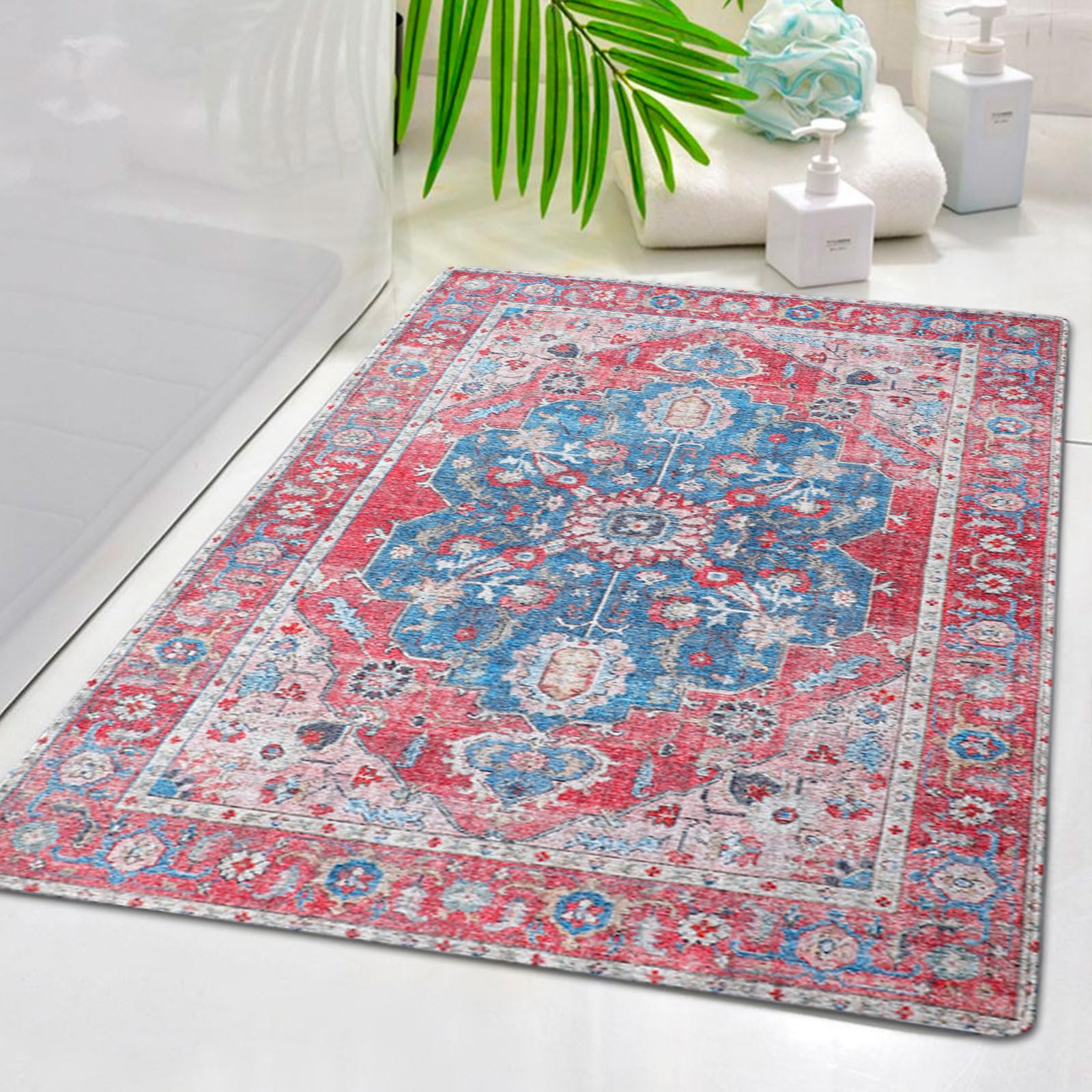 WAYYE Area Rug Non-Slip Printed Washable Low-Pile Rug for Indoor Kitchen Bathroom Bedroom Living Room Nursery (Red and Blue, 2'x3')