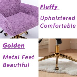 thctvous Purple Vantiy Desk Chair Comfy, Sherpa Makeup Vanity Chair with Back and Rolling Wheels for Bedroom Home Office,Adjustable High Gold Feet,Artificial Rabbit Hair