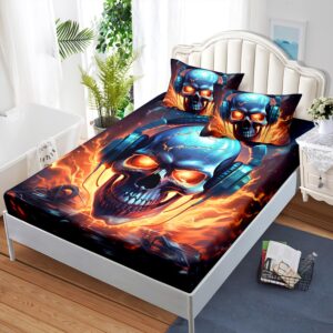 AILONEN 3D Skull Fitted Sheet Set Full Size, Music Headset Skull Bed Sheet Set,3 Pieces Hip Hop Skull Sheet Set for Boys Men,Fire Skeleton Fitted Sheet with 2 Pillowcases