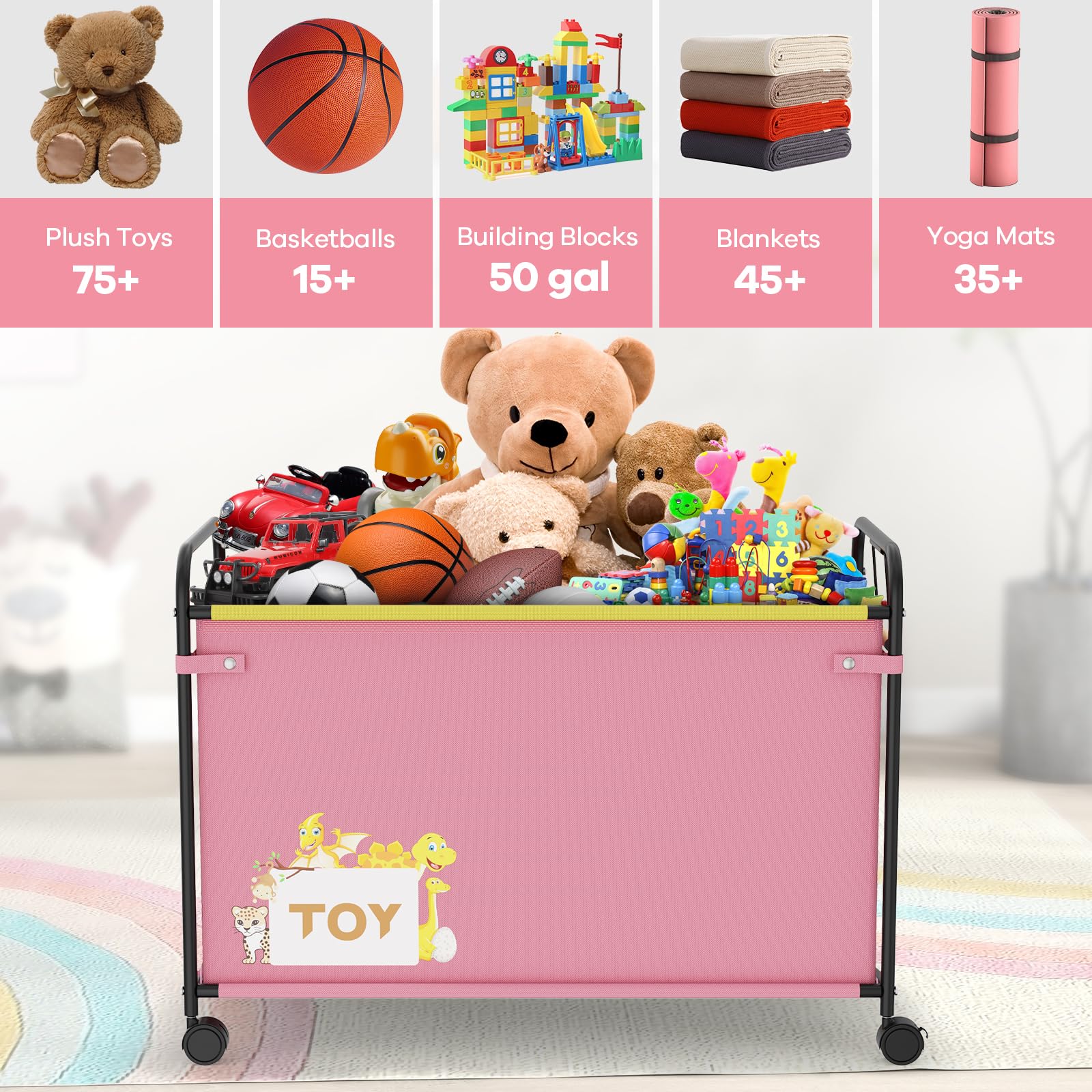 AIJIAMEIER 180L Kids Extra Large Toy Box with Wheels & Handle, 31.5” x 15.7” x 23.2” Big Toy Chest for Boys Girls, Toy Storage Organizer for Stuffed Animals, Playroom, Living Room Area(Pink, 1PC)