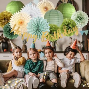 Olive Sage Green Birthday Party Decorations Green Gold Paper Pom Poms Streamers Paper Fans Lanterns Sage Green Gold Scatter Table Decorations for Birthday Wedding Bachelorette Bridal Baby Shower