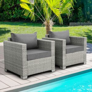 WAROOM Outdoor Sofa Wicker Patio Chairs Set of 2, Porch Single Chair Grey Rattan Deep Seating Armchair Balcony Furniture with Grey Cushion