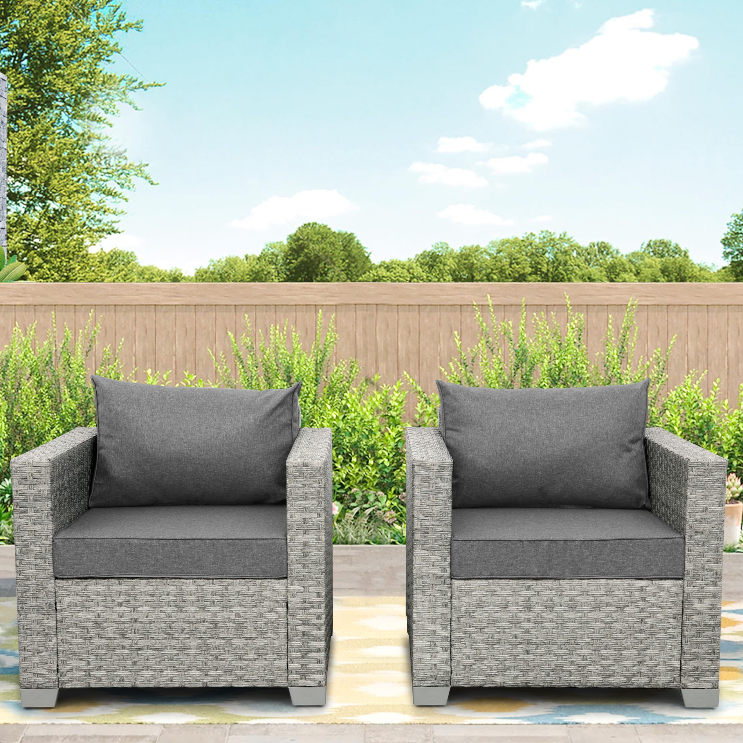 WAROOM Outdoor Sofa Wicker Patio Chairs Set of 2, Porch Single Chair Grey Rattan Deep Seating Armchair Balcony Furniture with Grey Cushion