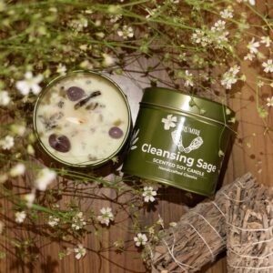 Sage Candle for Cleansing House Negative Energy Smudge Kit - 5oz Soy Wax Natural Clean Organic Non Toxic - Aromatherapy Spiritual Meditation Gifts - Long Lasting Highly Scented Candel with Crystals