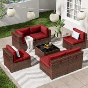 elposun patio furniture set, modular 7-piece patio conversation sets with coffee table, all-weather wicker outdoor sectional for backyard and balcony, wine (waterproof covers included)