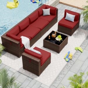 ELPOSUN Patio Furniture Set, Modular 7-Piece Patio Conversation Sets with Coffee Table, All-Weather Wicker Outdoor Sectional for Backyard and Balcony, Wine (Waterproof Covers Included)