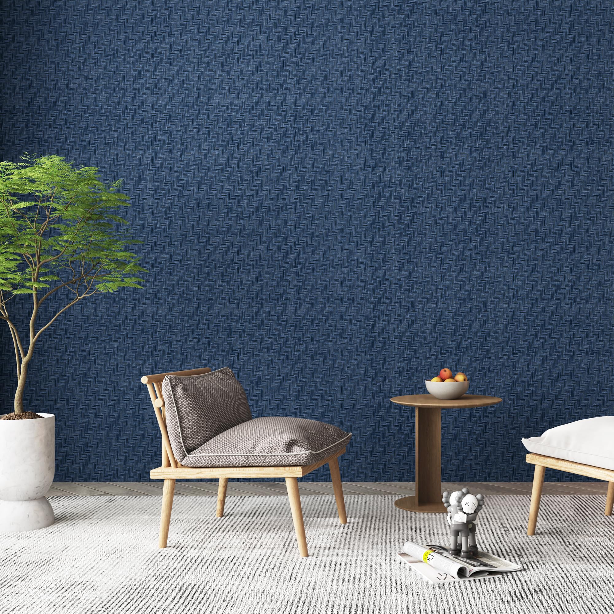 Haimin Fabric Wallpaper Textured Contact Paper (24in X 393in) Navy Blue Grasscloth Wallpaper Peel and Stick Faux Linen Wall Paper Self-Adhesive Vinyl Wallpaper Looks Like Woven Straw…