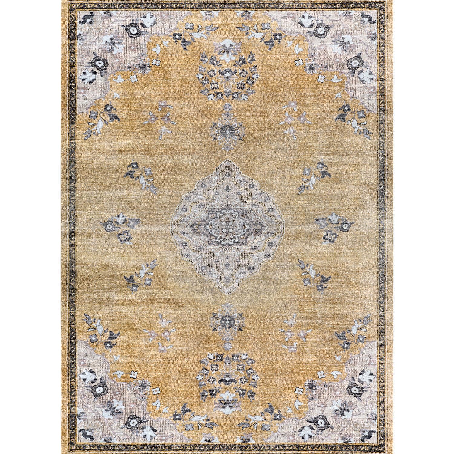 Beverly Rug Non Slip Rugs 8x10 Boho Medallion Floral Non Skid Rubber Backing Easy Silk Soft Area Rug for Living Room Easy to Clean Non Shedding Kitchen Bedroom Indoor Carpet (8 x 10 Yellow - Gray)