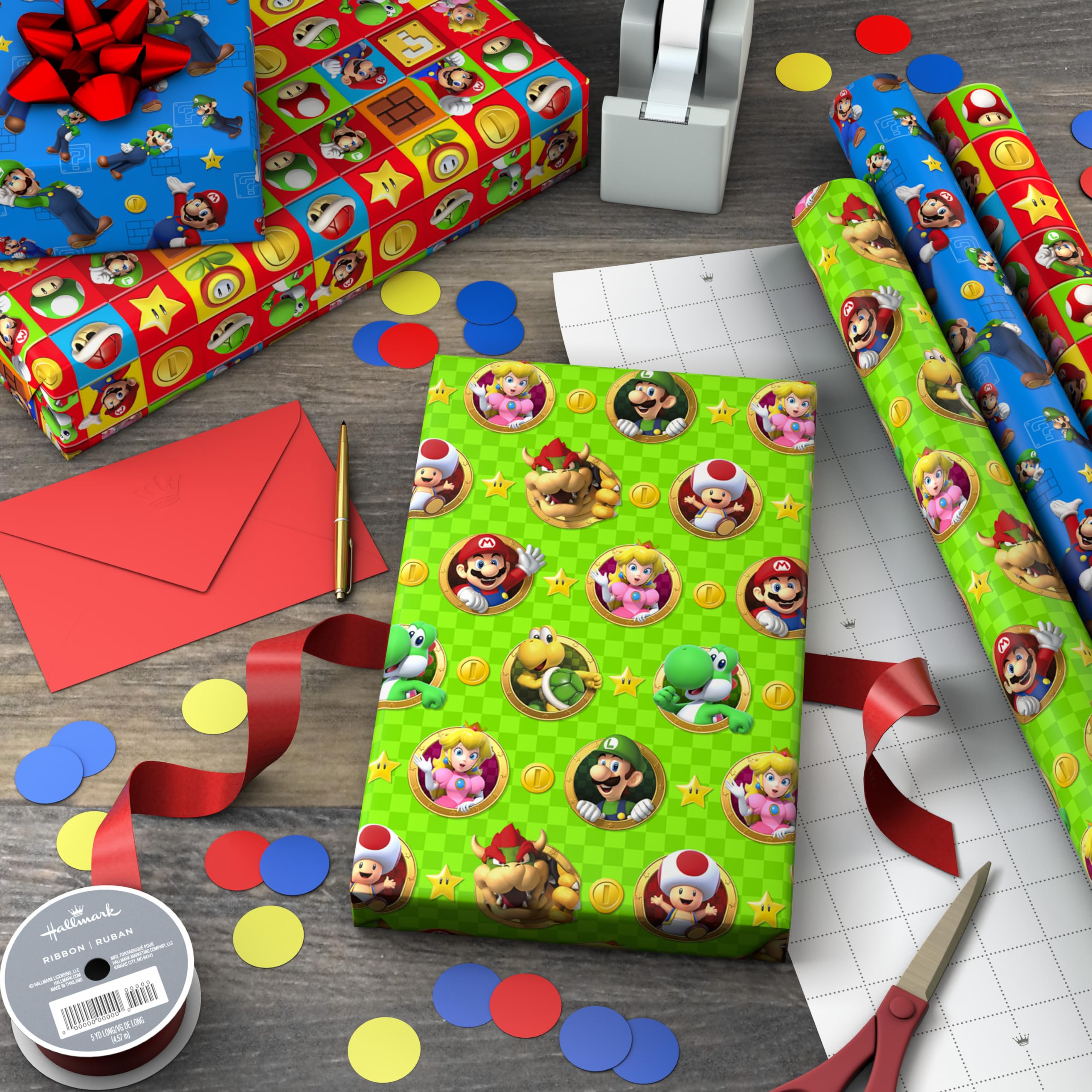 Hallmark Nintendo Super Mario Birthday Wrapping Paper Rolls for Kids Birthdays, Christmas, Any Occasion (Set of 3 Rolls: 60 Sq. Ft. Total) Mario, Luigi, Yoshi, Bowser, Princess Peach, Toad