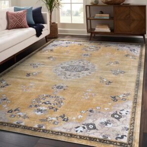 Beverly Rug Non Slip Rugs 8x10 Boho Medallion Floral Non Skid Rubber Backing Easy Silk Soft Area Rug for Living Room Easy to Clean Non Shedding Kitchen Bedroom Indoor Carpet (8 x 10 Yellow - Gray)