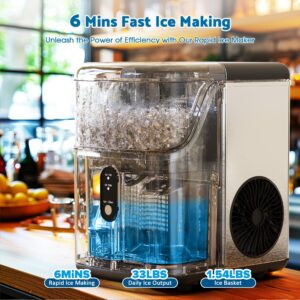 ADVWIN Nugget Countertop Ice Maker, 33Lbs/24H Pebble Ice Machine with Soft Chewable Ice, One-Click Operation, Self-Cleaning, Portable Sonic Ice Maker with Ice Scoop & Removable Basket, Silver