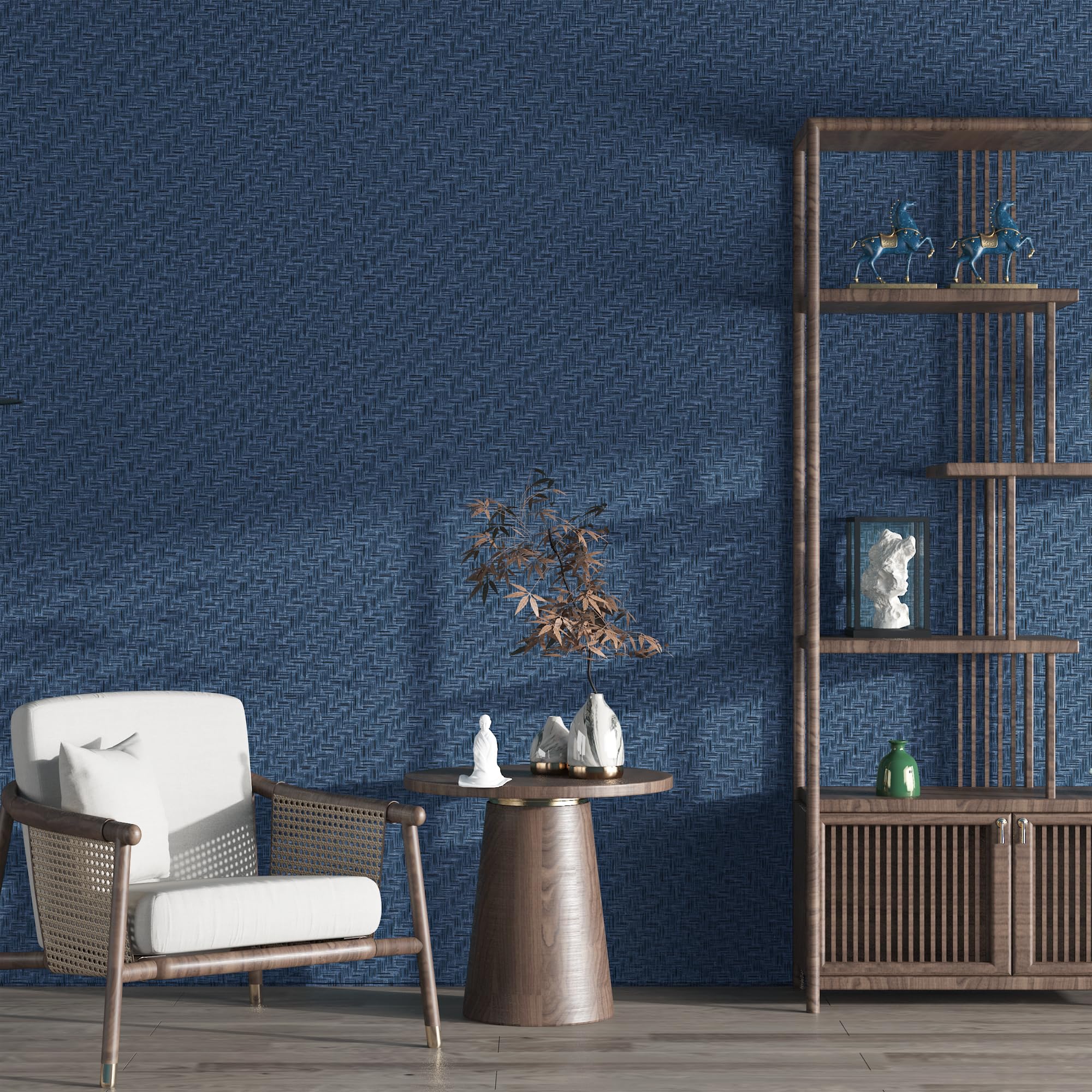 Haimin Fabric Wallpaper Textured Contact Paper (24in X 393in) Navy Blue Grasscloth Wallpaper Peel and Stick Faux Linen Wall Paper Self-Adhesive Vinyl Wallpaper Looks Like Woven Straw…