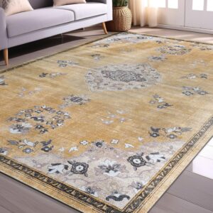 beverly rug non slip rugs 8x10 boho medallion floral non skid rubber backing easy silk soft area rug for living room easy to clean non shedding kitchen bedroom indoor carpet (8 x 10 yellow - gray)