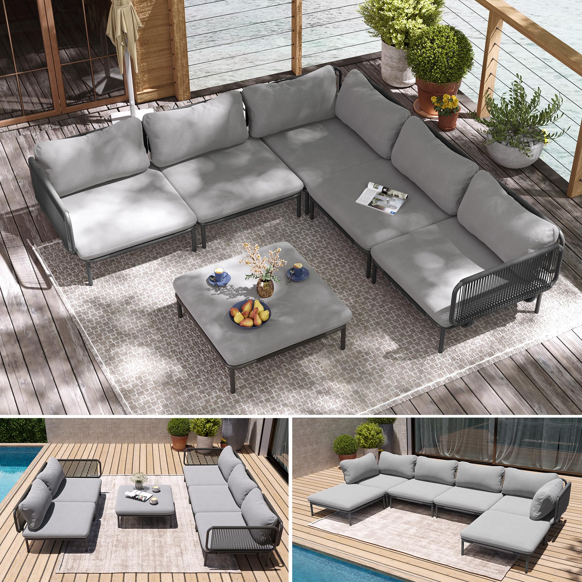 VredHom Patio Furniture Set, Outdoor Patio Furniture Oversized Metal Patio Sectional Sofa, 6-Seat Conversation Set with Cushion for Indoor and Outdoor, Black Frame & Dark Grey Mat (6 Seats 8 Armrests)