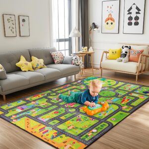 Nisorpa Car Rug 6.5×5 Ft, DIY Track Playmat Rug City Life Traffic Road Map Fun Carpet Area Rug, Player Car Rug for Playroom Bedroom Living Room Classroom