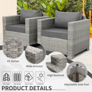 WAROOM Outdoor Sofa Wicker Patio Chairs Set of 2, Porch Single Chair Grey Rattan Deep Seating Armchair Balcony Furniture with Grey Cushion