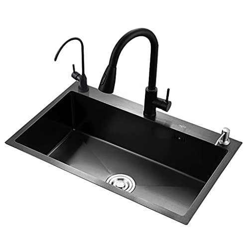 DIIDIIF Kitchen Sinks Bathtub Single Bowl 304 Stainless Steel Sink Set Black Square Large Sink Extremely Fast Drainage with Two Taps