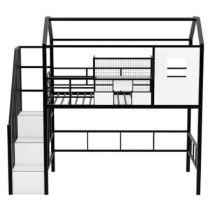 BOVZA Twin Size House Loft Bed with Stairs and Roof, Kids Metal Low Loft Bed Frame with a Storage Box and Saftey Guardrails for Teens Boys, Black+White