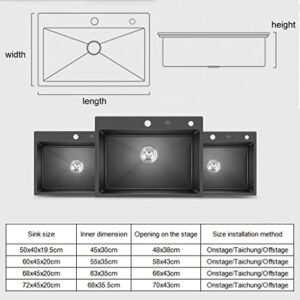 HAMEXLN Black 304 nanometer Stainless Steel Sink Bathtub Single Bowl Home Kitchen Large Sink Square Single Tank with soap Dispenser, 72x45x20cm