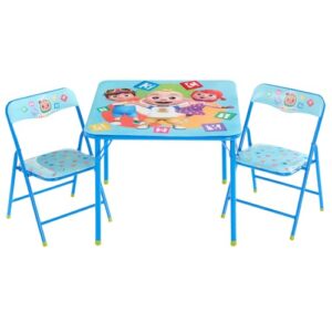 idea nuova cocomelon 3 piece children's activity square table and 2 folding chairs set, ages 3+