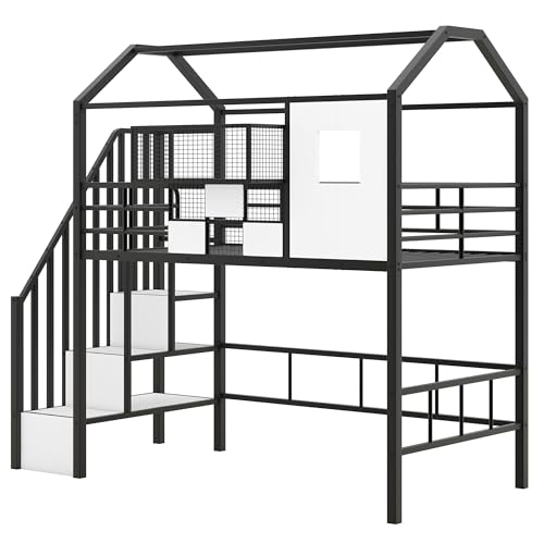 BOVZA Twin Size House Loft Bed with Stairs and Roof, Kids Metal Low Loft Bed Frame with a Storage Box and Saftey Guardrails for Teens Boys, Black+White