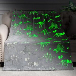 dinosaur gifts toys for kids boys - glow in the dark dino blanket toddler teen girls birthday christmas valentines presents for age 2 3 4 5 6 7 8 9 10 years old children adults throw gray 50"x60"