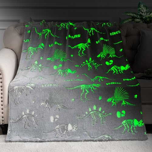 Dinosaur Gifts Toys for Kids Boys - Glow in The Dark Dino Blanket Toddler Teen Girls Birthday Christmas Valentines Presents for Age 2 3 4 5 6 7 8 9 10 Years Old Children Adults Throw Gray 50"x60"