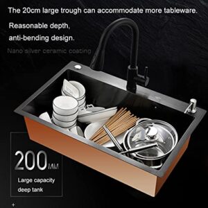 DIIDIIF Kitchen Sinks Bathtub Single Bowl 304 Stainless Steel Sink Set Black Square Large Sink Extremely Fast Drainage with Two Taps