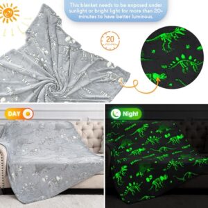 Dinosaur Gifts Toys for Kids Boys - Glow in The Dark Dino Blanket Toddler Teen Girls Birthday Christmas Valentines Presents for Age 2 3 4 5 6 7 8 9 10 Years Old Children Adults Throw Gray 50"x60"