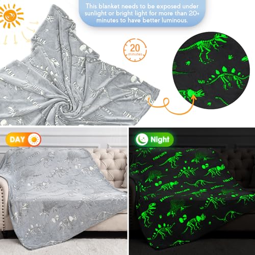 Dinosaur Gifts Toys for Kids Boys - Glow in The Dark Dino Blanket Toddler Teen Girls Birthday Christmas Valentines Presents for Age 2 3 4 5 6 7 8 9 10 Years Old Children Adults Throw Gray 50"x60"