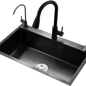 DIIDIIF Kitchen Sinks Bathtub Single Bowl 304 Stainless Steel Sink Set Black Square Large Sink Extremely Fast Drainage with Two Taps