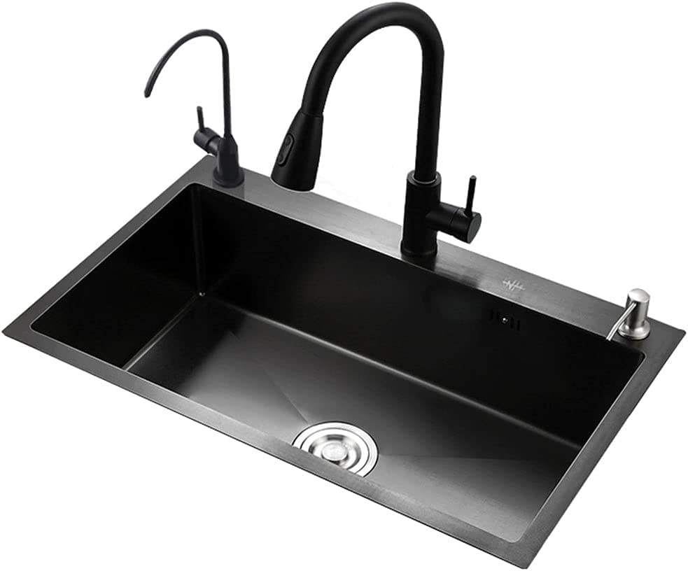 DIIDIIF Kitchen Sinks Bathtub Single Bowl 304 Stainless Steel Sink Set Black Square Large Sink Extremely Fast Drainage with Two Taps