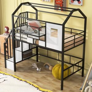 BOVZA Twin Size House Loft Bed with Stairs and Roof, Kids Metal Low Loft Bed Frame with a Storage Box and Saftey Guardrails for Teens Boys, Black+White