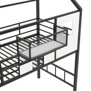 BOVZA Twin Size House Loft Bed with Stairs and Roof, Kids Metal Low Loft Bed Frame with a Storage Box and Saftey Guardrails for Teens Boys, Black+White