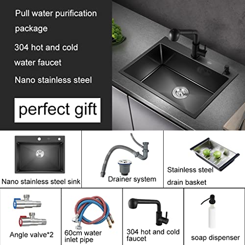 HAMEXLN Black 304 nanometer Stainless Steel Sink Bathtub Single Bowl Home Kitchen Large Sink Square Single Tank with soap Dispenser, 72x45x20cm