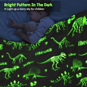 Dinosaur Gifts Toys for Kids Boys - Glow in The Dark Dino Blanket Toddler Teen Girls Birthday Christmas Valentines Presents for Age 2 3 4 5 6 7 8 9 10 Years Old Children Adults Throw Gray 50"x60"